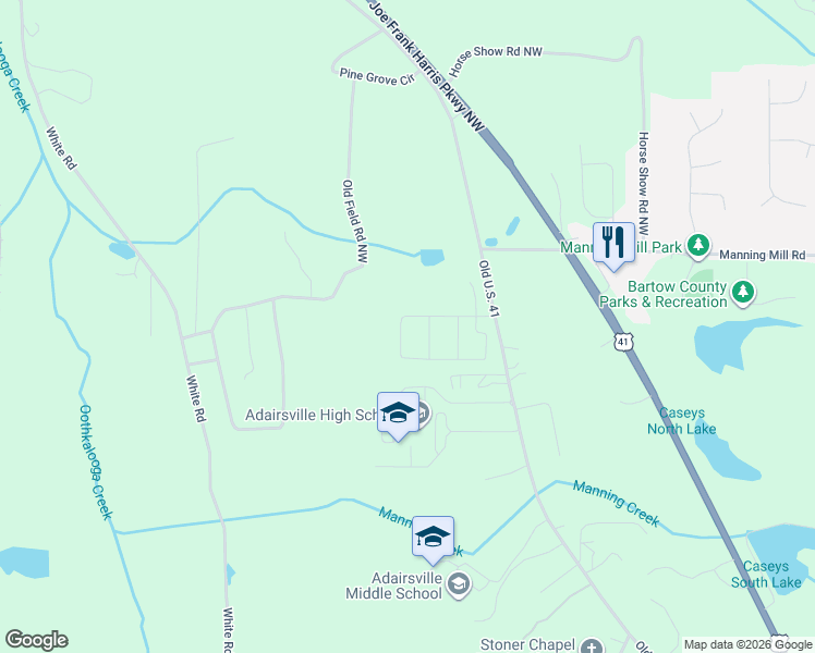 map of restaurants, bars, coffee shops, grocery stores, and more near 87 Old Field Road Northwest in Adairsville