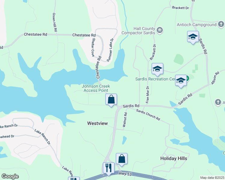 map of restaurants, bars, coffee shops, grocery stores, and more near 2938 Chestatee Road in Gainesville