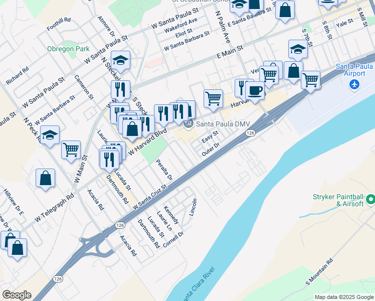 map of restaurants, bars, coffee shops, grocery stores, and more near 346 South Steckel Drive in Santa Paula