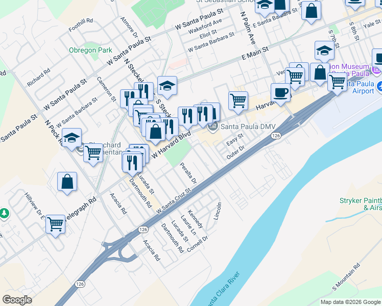 map of restaurants, bars, coffee shops, grocery stores, and more near 344 Tirre Court in Santa Paula