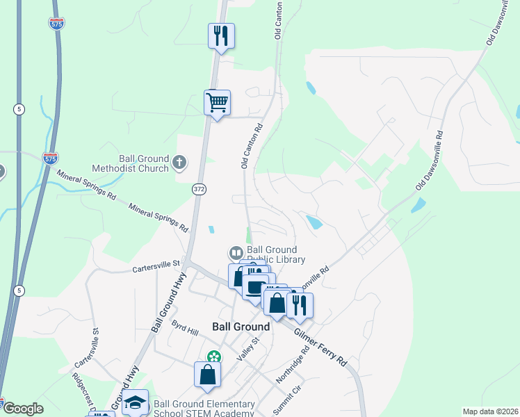 map of restaurants, bars, coffee shops, grocery stores, and more near 514 Old Canton Road in Ball Ground