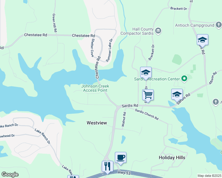 map of restaurants, bars, coffee shops, grocery stores, and more near 2938 Chestatee Road in Gainesville