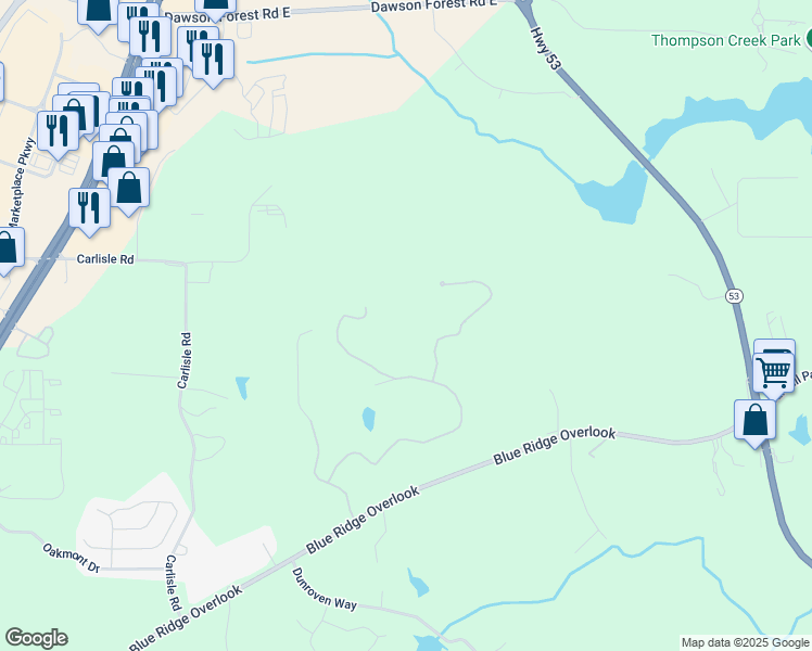 map of restaurants, bars, coffee shops, grocery stores, and more near 55 Summitrail Lane in Dawsonville