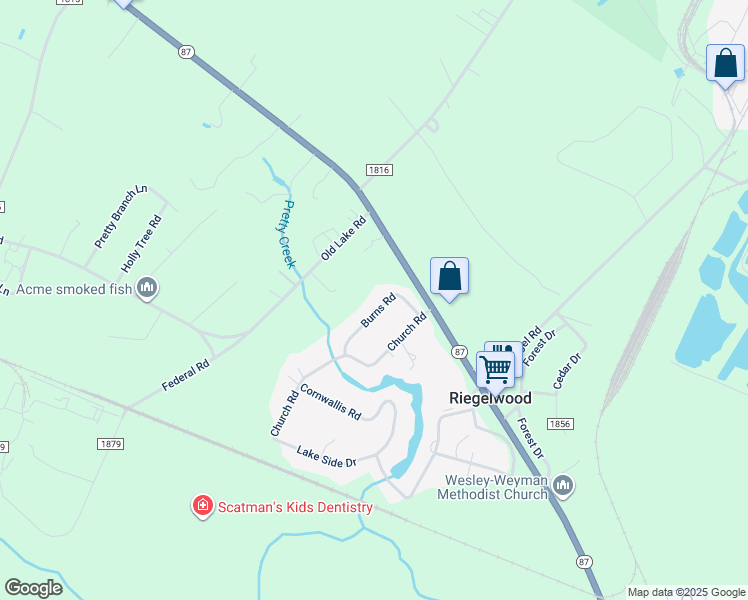 map of restaurants, bars, coffee shops, grocery stores, and more near 108 Burns Road in Riegelwood