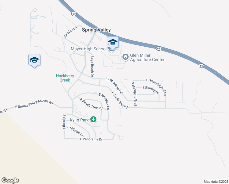 map of restaurants, bars, coffee shops, grocery stores, and more near 17442 East Bob White Road in Mayer