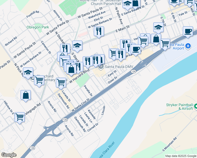 map of restaurants, bars, coffee shops, grocery stores, and more near 311 South Steckel Drive in Santa Paula