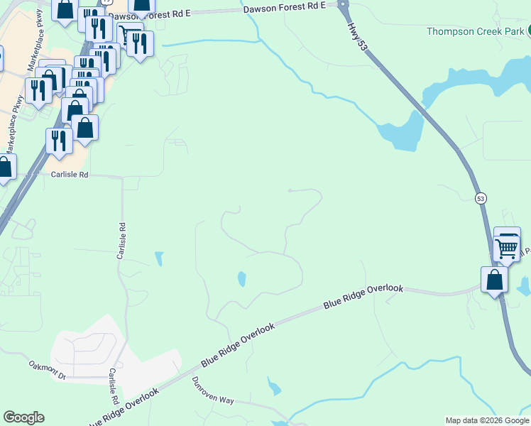 map of restaurants, bars, coffee shops, grocery stores, and more near 55 Summitrail Lane in Dawsonville