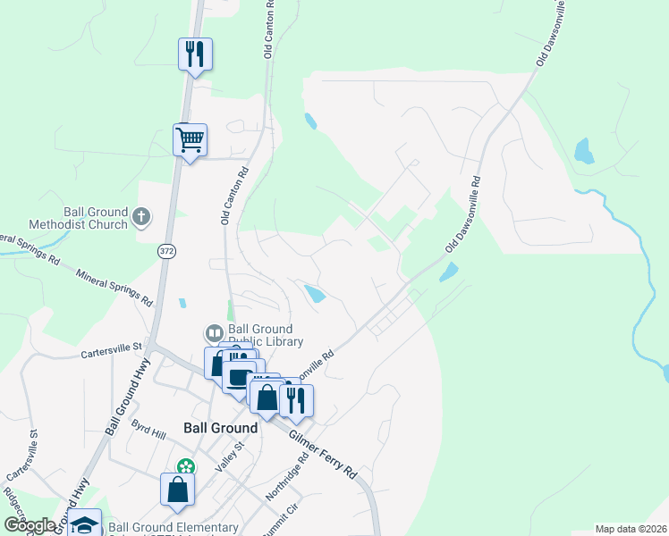 map of restaurants, bars, coffee shops, grocery stores, and more near 285 Old Dawsonville Road in Ball Ground