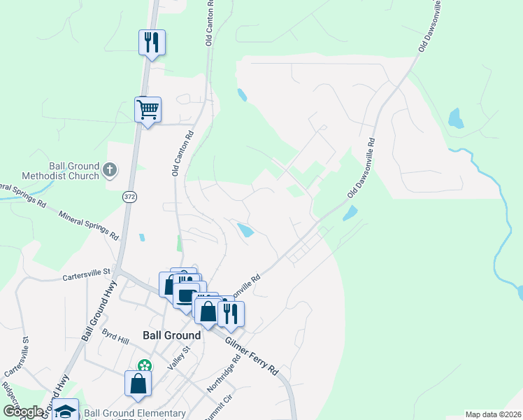 map of restaurants, bars, coffee shops, grocery stores, and more near 285 Old Dawsonville Road in Ball Ground