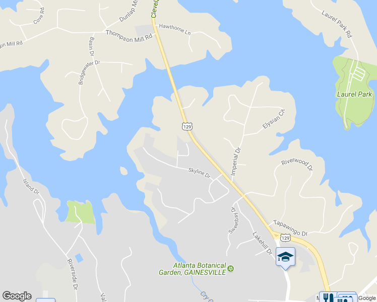 map of restaurants, bars, coffee shops, grocery stores, and more near 2299 Colonial Circle in Gainesville