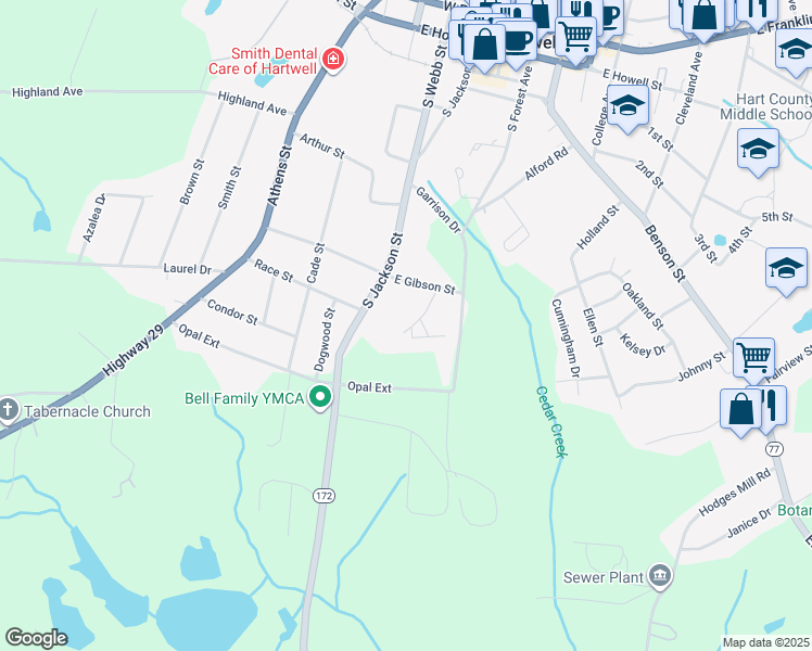 map of restaurants, bars, coffee shops, grocery stores, and more near 104 David Street in Hartwell