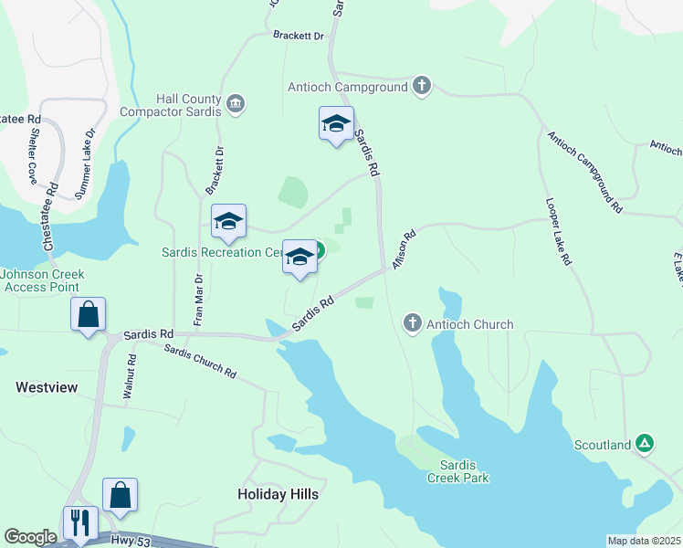 map of restaurants, bars, coffee shops, grocery stores, and more near 2823 Sardis Road in Gainesville