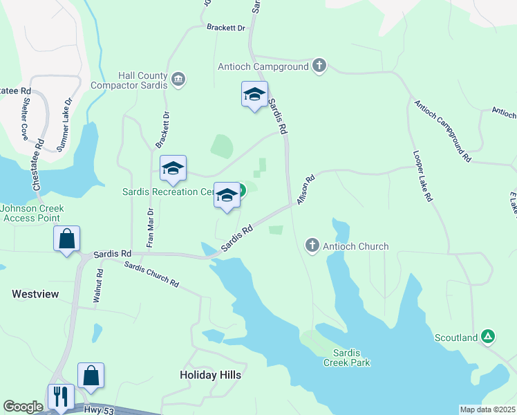 map of restaurants, bars, coffee shops, grocery stores, and more near 2823 Sardis Road in Gainesville