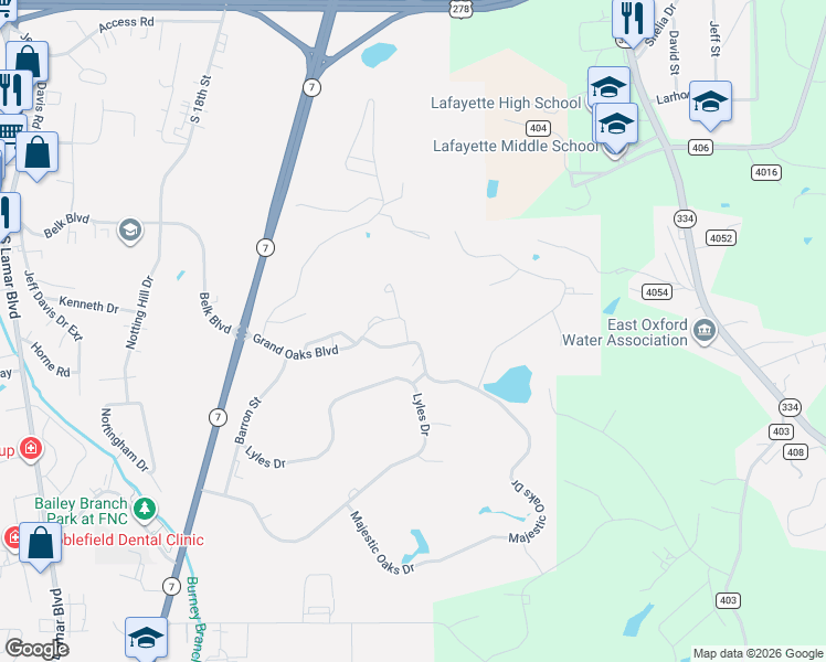 map of restaurants, bars, coffee shops, grocery stores, and more near 121 Majestic Oaks Drive in Oxford