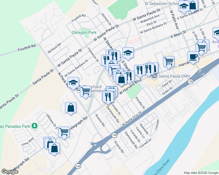 map of restaurants, bars, coffee shops, grocery stores, and more near 218 Elizabeth Court in Santa Paula