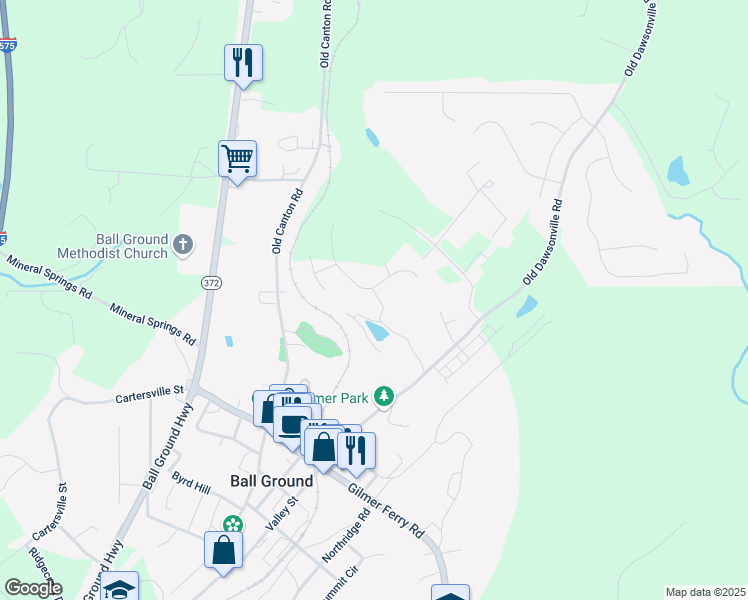 map of restaurants, bars, coffee shops, grocery stores, and more near 127 Mills Lane in Ball Ground