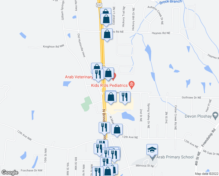 map of restaurants, bars, coffee shops, grocery stores, and more near 1510 North Brindlee Mountain Parkway in Arab