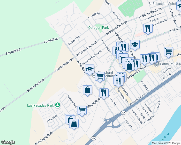 map of restaurants, bars, coffee shops, grocery stores, and more near 768 Fillmore Street in Santa Paula