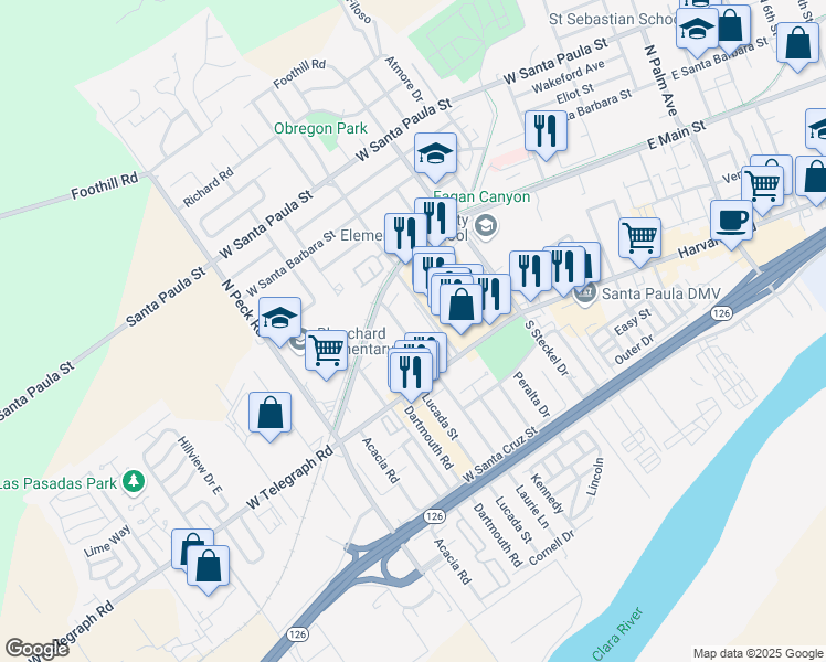 map of restaurants, bars, coffee shops, grocery stores, and more near 219 Laurie Lane in Santa Paula
