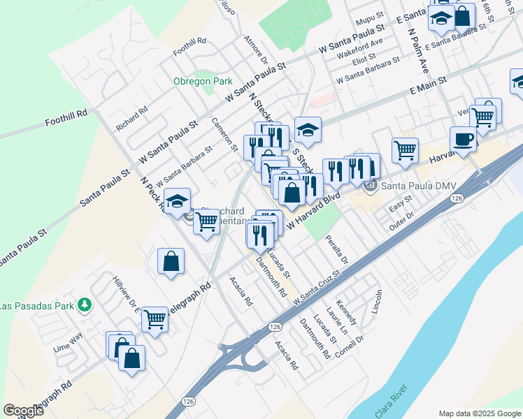 map of restaurants, bars, coffee shops, grocery stores, and more near 219 Laurie Lane in Santa Paula