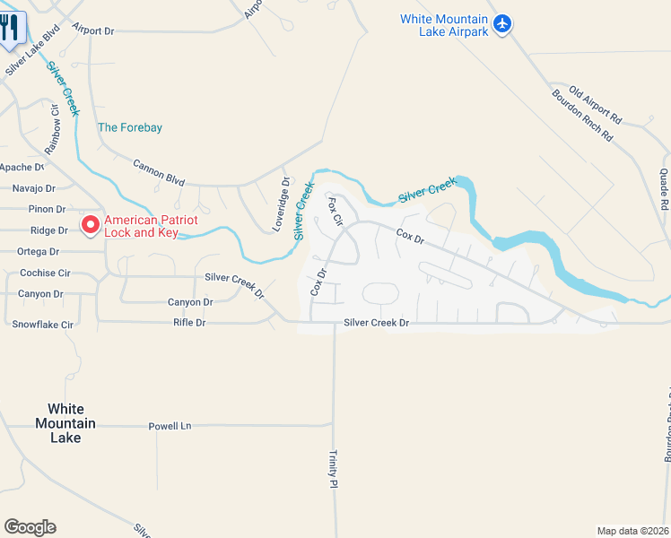 map of restaurants, bars, coffee shops, grocery stores, and more near 8597 Fox Place in Show Low