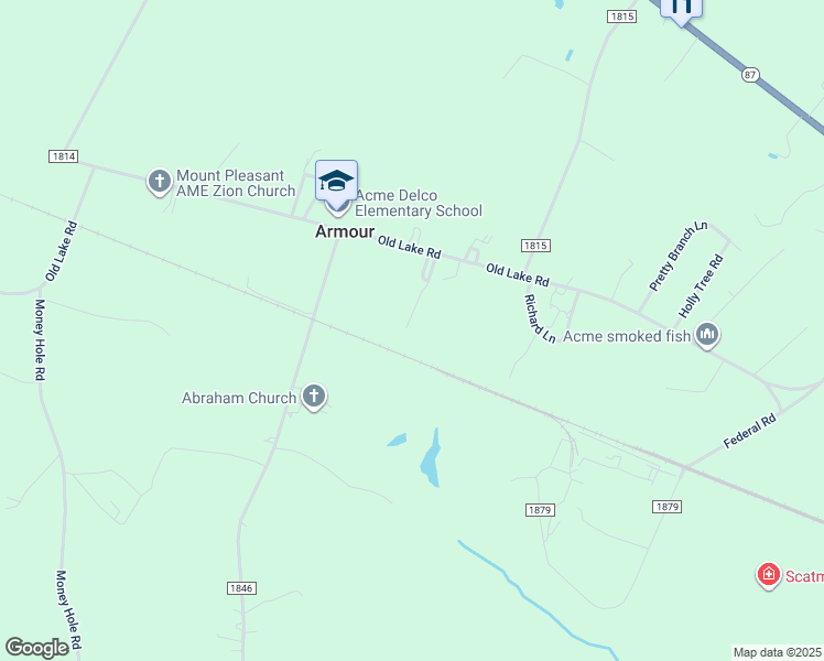 map of restaurants, bars, coffee shops, grocery stores, and more near 171 Bress Scott Lane in Riegelwood