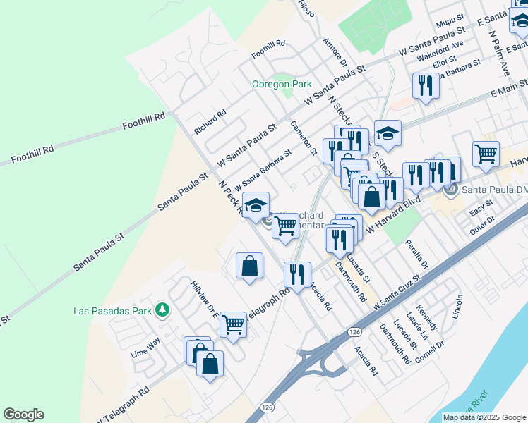 map of restaurants, bars, coffee shops, grocery stores, and more near 752 Fillmore Street in Santa Paula