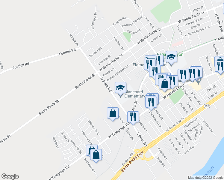 map of restaurants, bars, coffee shops, grocery stores, and more near 117 North Peck Road in Santa Paula