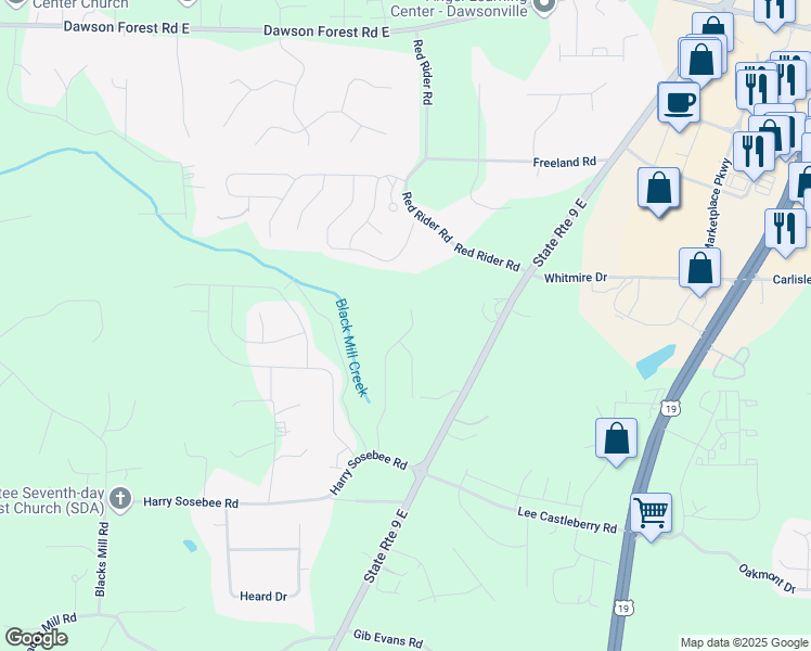 map of restaurants, bars, coffee shops, grocery stores, and more near 327 Aimes Dr. in Dawsonville