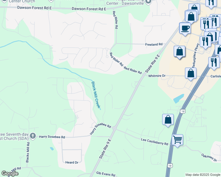 map of restaurants, bars, coffee shops, grocery stores, and more near 327 Aimes Dr. in Dawsonville