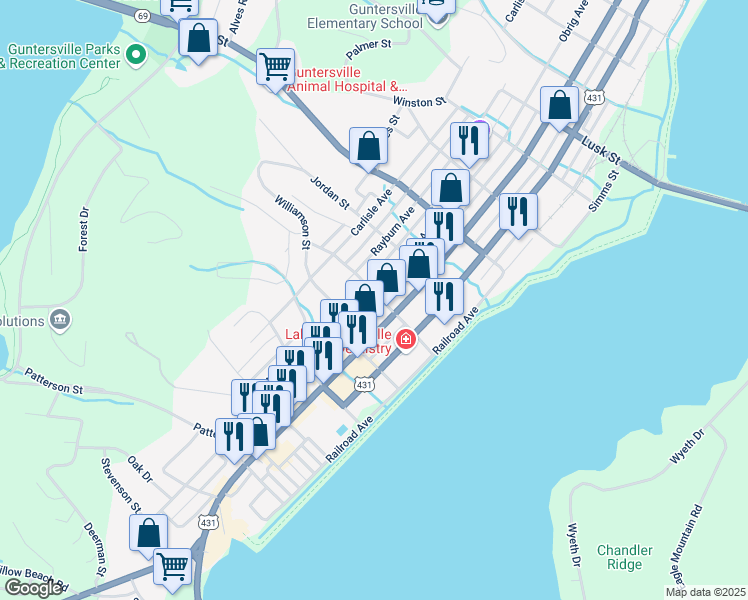 map of restaurants, bars, coffee shops, grocery stores, and more near 1601 Obrig Avenue in Guntersville