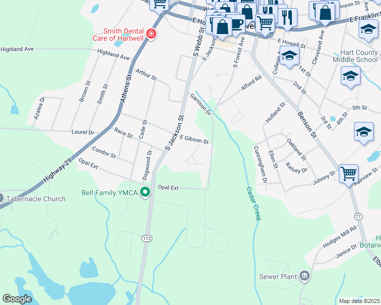 map of restaurants, bars, coffee shops, grocery stores, and more near 104 David Street in Hartwell