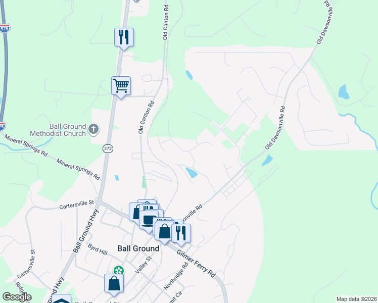 map of restaurants, bars, coffee shops, grocery stores, and more near 275 Old Dawsonville Road in Ball Ground