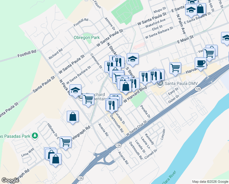 map of restaurants, bars, coffee shops, grocery stores, and more near 218 Elizabeth Court in Santa Paula