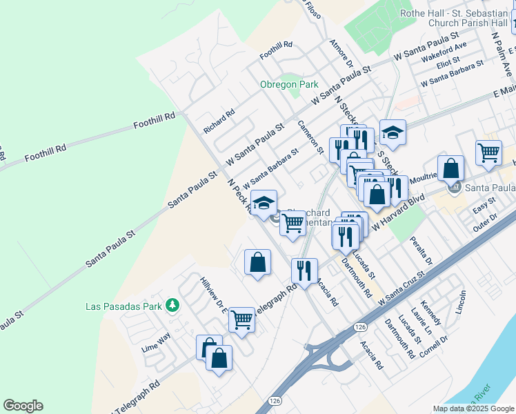 map of restaurants, bars, coffee shops, grocery stores, and more near 117 North Peck Road in Santa Paula