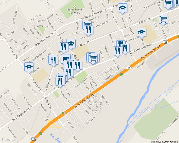 map of restaurants, bars, coffee shops, grocery stores, and more near 303 South Steckel Drive in Santa Paula