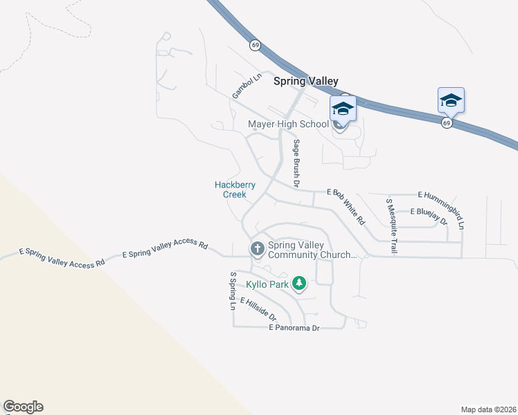 map of restaurants, bars, coffee shops, grocery stores, and more near 13765 South Spring Lane in Mayer