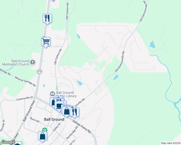 map of restaurants, bars, coffee shops, grocery stores, and more near 285 Old Dawsonville Road in Ball Ground