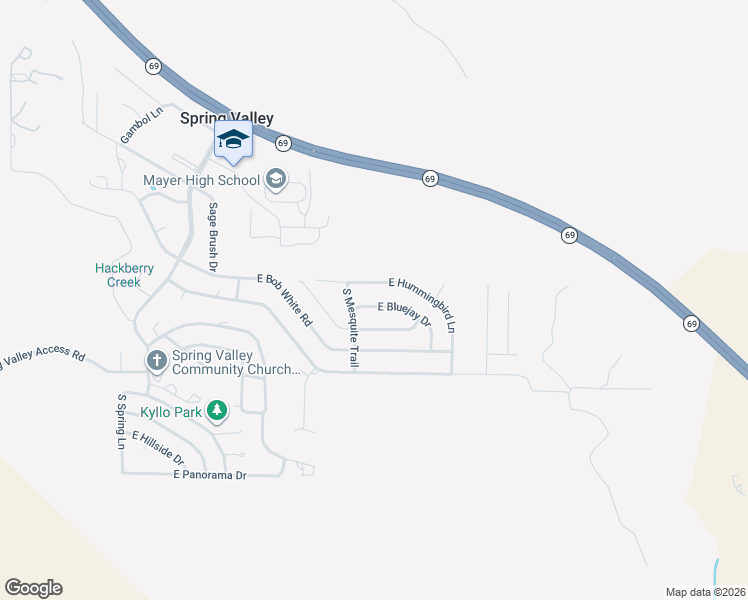 map of restaurants, bars, coffee shops, grocery stores, and more near 17642 East Bluejay Drive in Mayer
