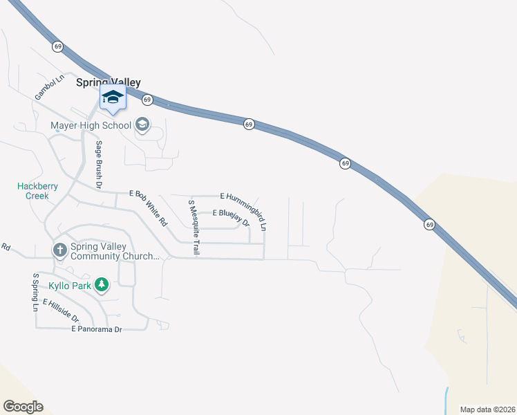 map of restaurants, bars, coffee shops, grocery stores, and more near 17802 East Hummingbird Lane in Mayer