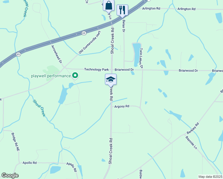 map of restaurants, bars, coffee shops, grocery stores, and more near 2233 Shoal Creek Road in Arab