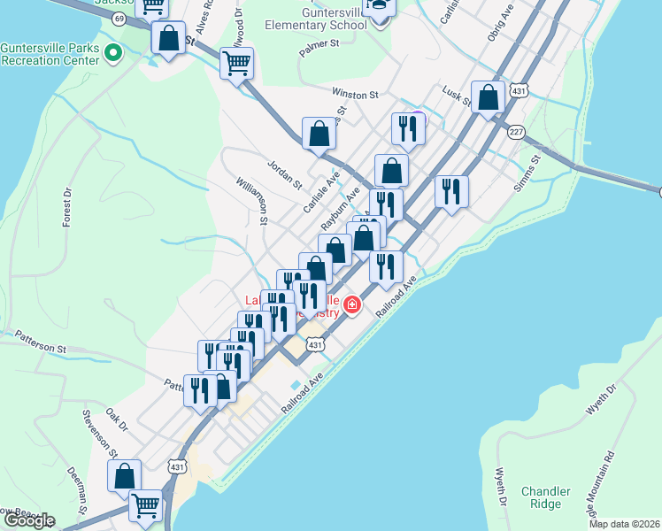map of restaurants, bars, coffee shops, grocery stores, and more near 1601 Obrig Avenue in Guntersville
