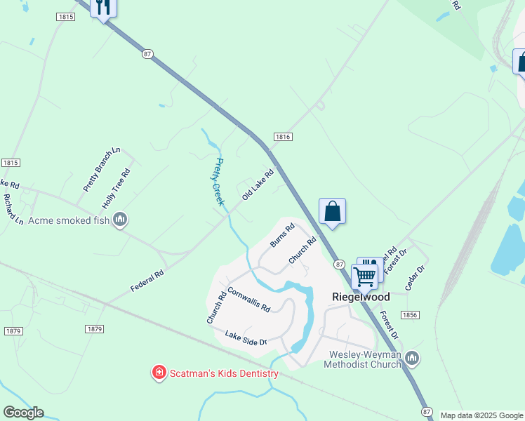 map of restaurants, bars, coffee shops, grocery stores, and more near 3483 Old Stage Road in Riegelwood