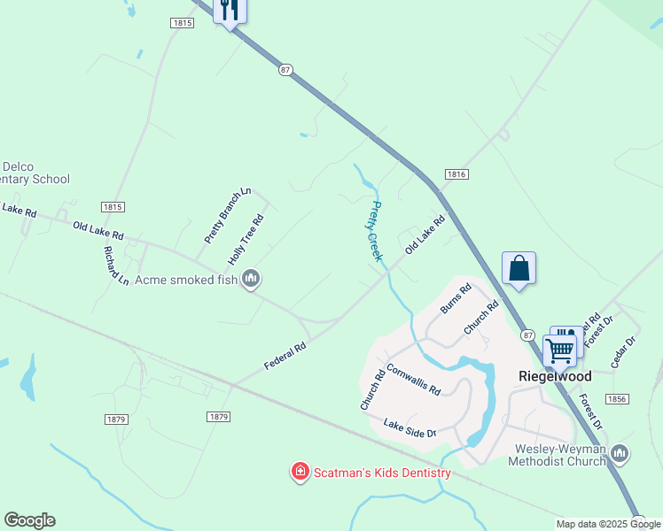 map of restaurants, bars, coffee shops, grocery stores, and more near 173 Christian Lane in Riegelwood