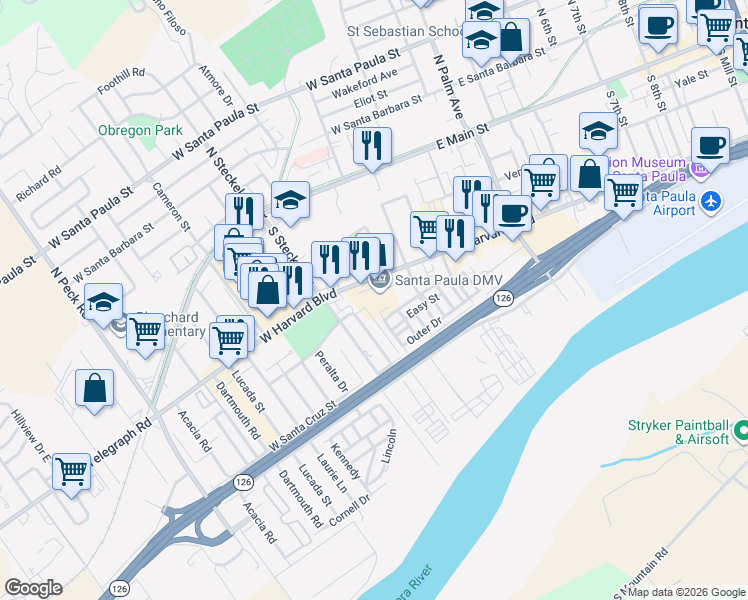 map of restaurants, bars, coffee shops, grocery stores, and more near 311 South Steckel Drive in Santa Paula