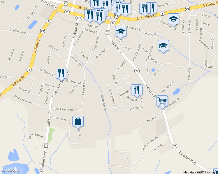 map of restaurants, bars, coffee shops, grocery stores, and more near 55 Cunningham Drive in Hartwell