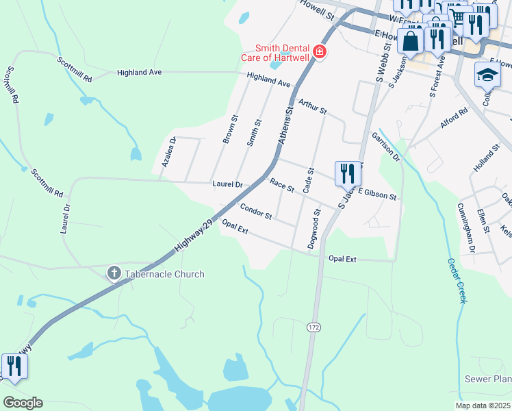 map of restaurants, bars, coffee shops, grocery stores, and more near 162 Condor Street in Hartwell
