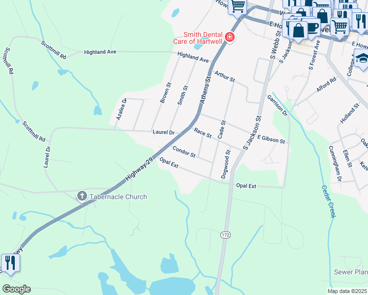 map of restaurants, bars, coffee shops, grocery stores, and more near 162 Condor Street in Hartwell