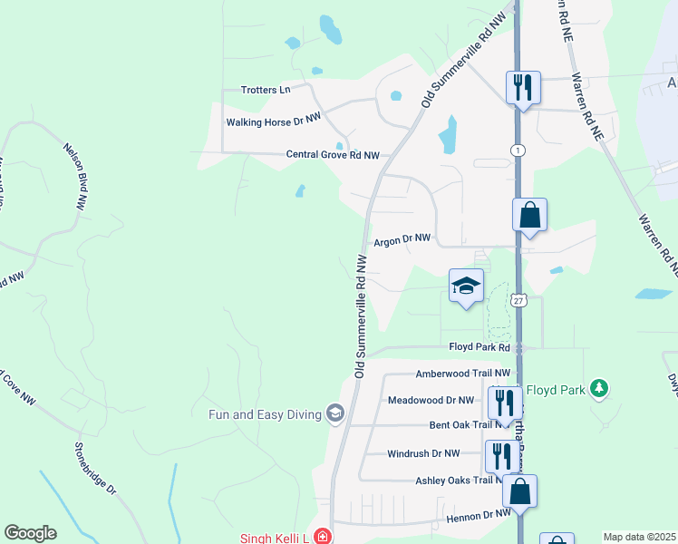 map of restaurants, bars, coffee shops, grocery stores, and more near 1565 Old Summerville Road Northwest in Rome