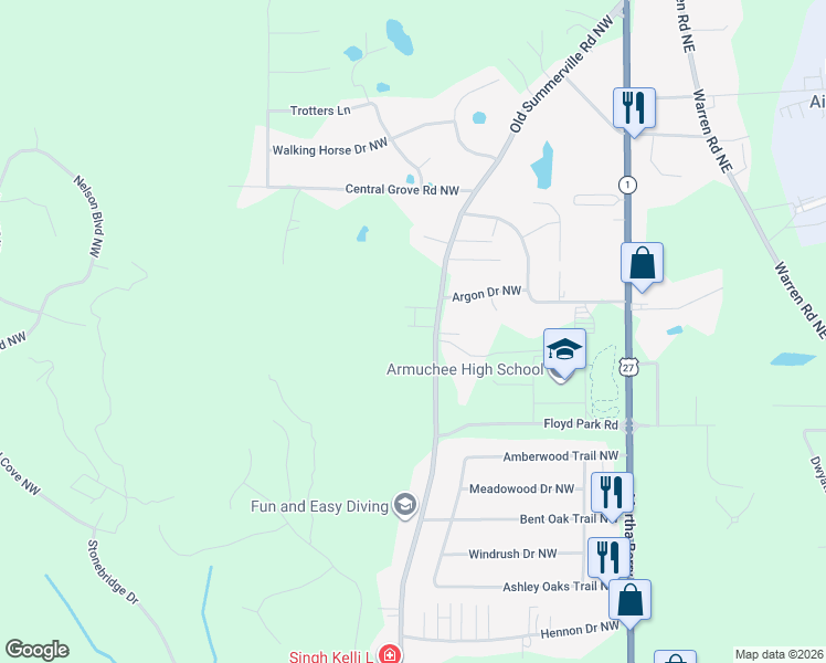 map of restaurants, bars, coffee shops, grocery stores, and more near 1565 Old Summerville Road Northwest in Rome